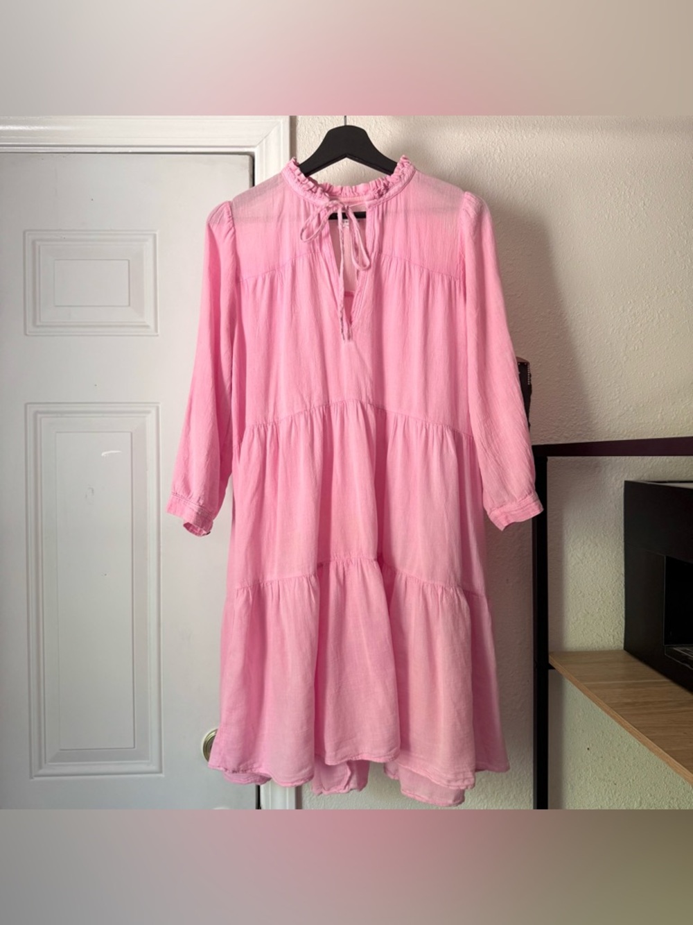 HONORINE pink cotton gauze garment dyed‎ long puff sleeve tiered mini dress